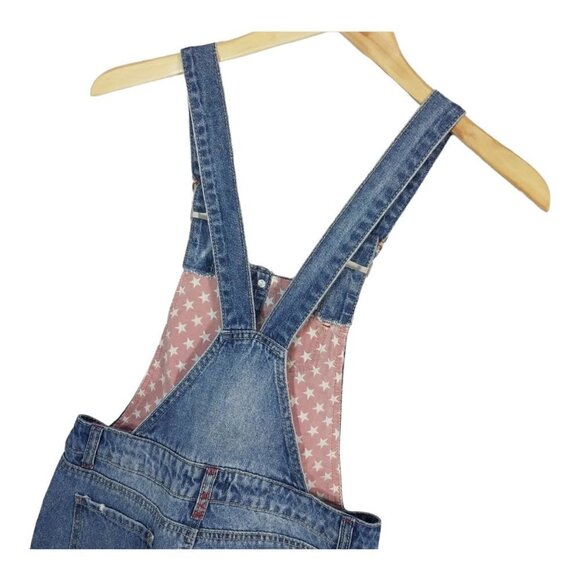 LEI Denim Overall Shorts Size L Patriotic Flag Peace Apple Patch Back To School - Picture 7 of 10